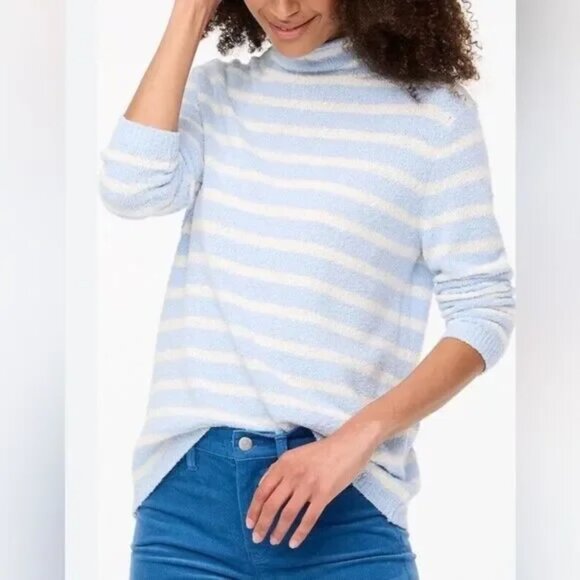 J. Crew Cozy Rollneck Pullover Sweater in Blue Stripe Size Small Comfy - Picture 1 of 8